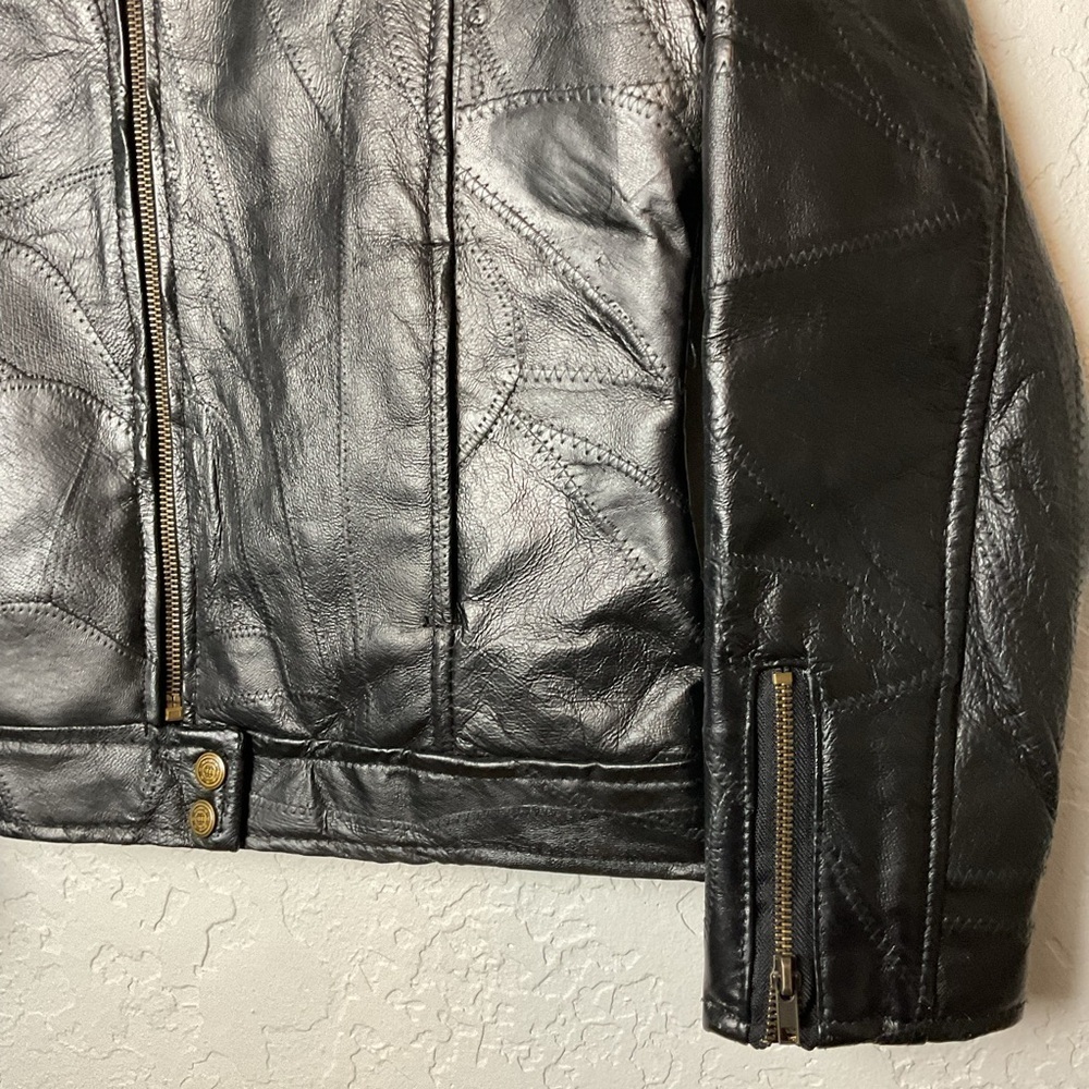 M. Collection Women’s Black Leather Patchwork Zip Up Bomber Jacket Sz Med - Picture 6 of 15
